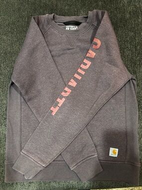 Carhartt Women's Purple Crewneck Sweatshirt with Pink Sleeve Logo